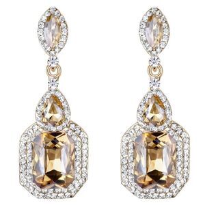 Yellow Gold with Champagne Topaz Austrian Crystal Chandelier Clip On Earrings